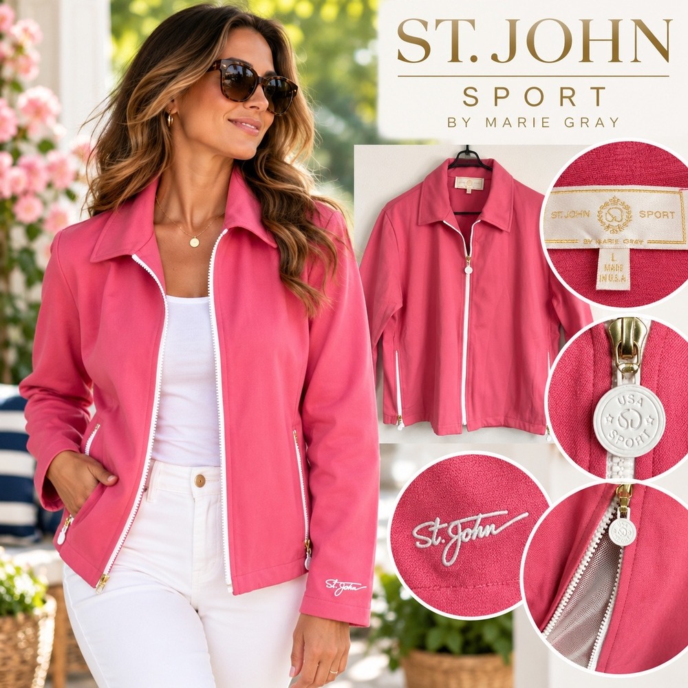 St John Sport Marie Gray Pink Zip Up Jacket Side Vents Women Large Made in USA